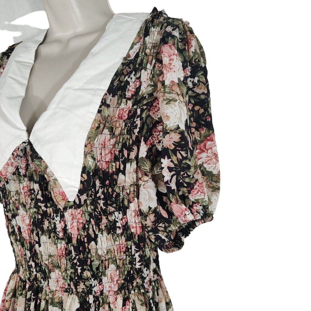 En Saison Dark Floral Collar Smocked Dress Cottage Size M Short Sleeve Prairie - Picture 4 of 9